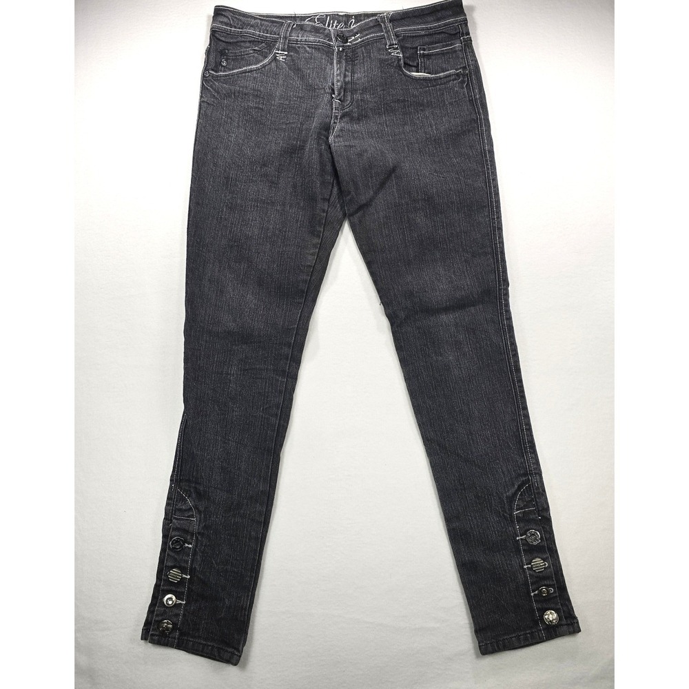 Elite Jeans Womens Dark Gray Slim Straight Leg Button Ankle Detail Denim 33x31.5